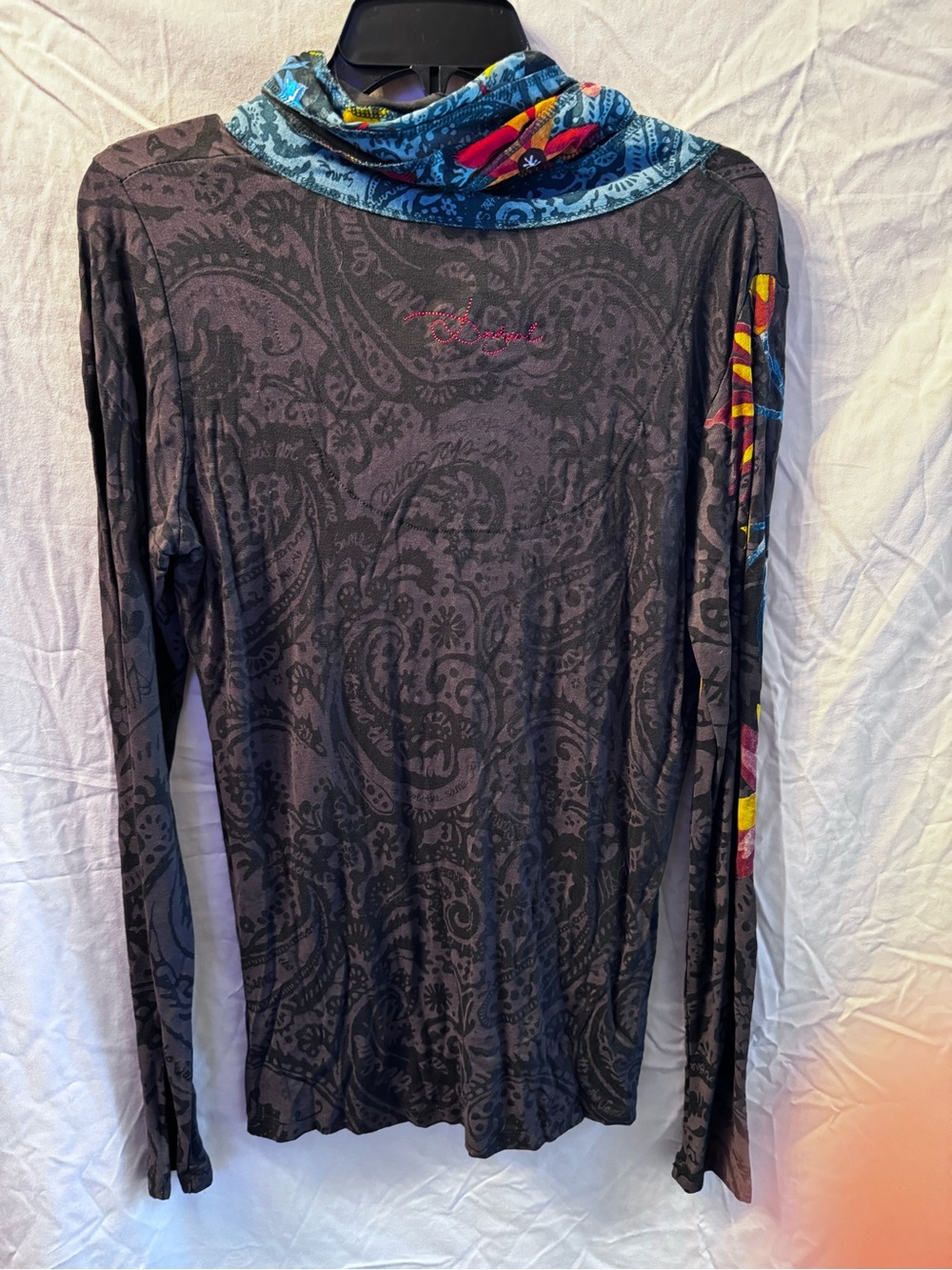 Desigual Dark Gray Long-Sleeve Floral Top with cowl neck scarf detail - Picture 5 of 5